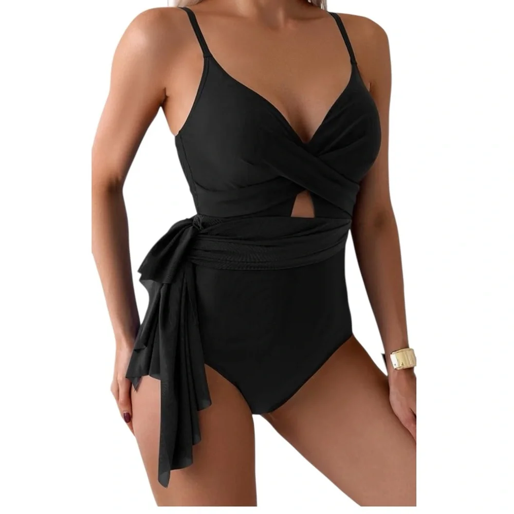 B2prity One-Piece Black Swim Dress Wrap Mesh Cutout – Size M NWT - Picture 3 of 13